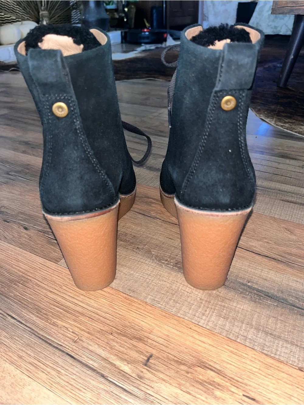 UGG Black Suede Lace-Up Shearling Ankle Boots with Platform Sole